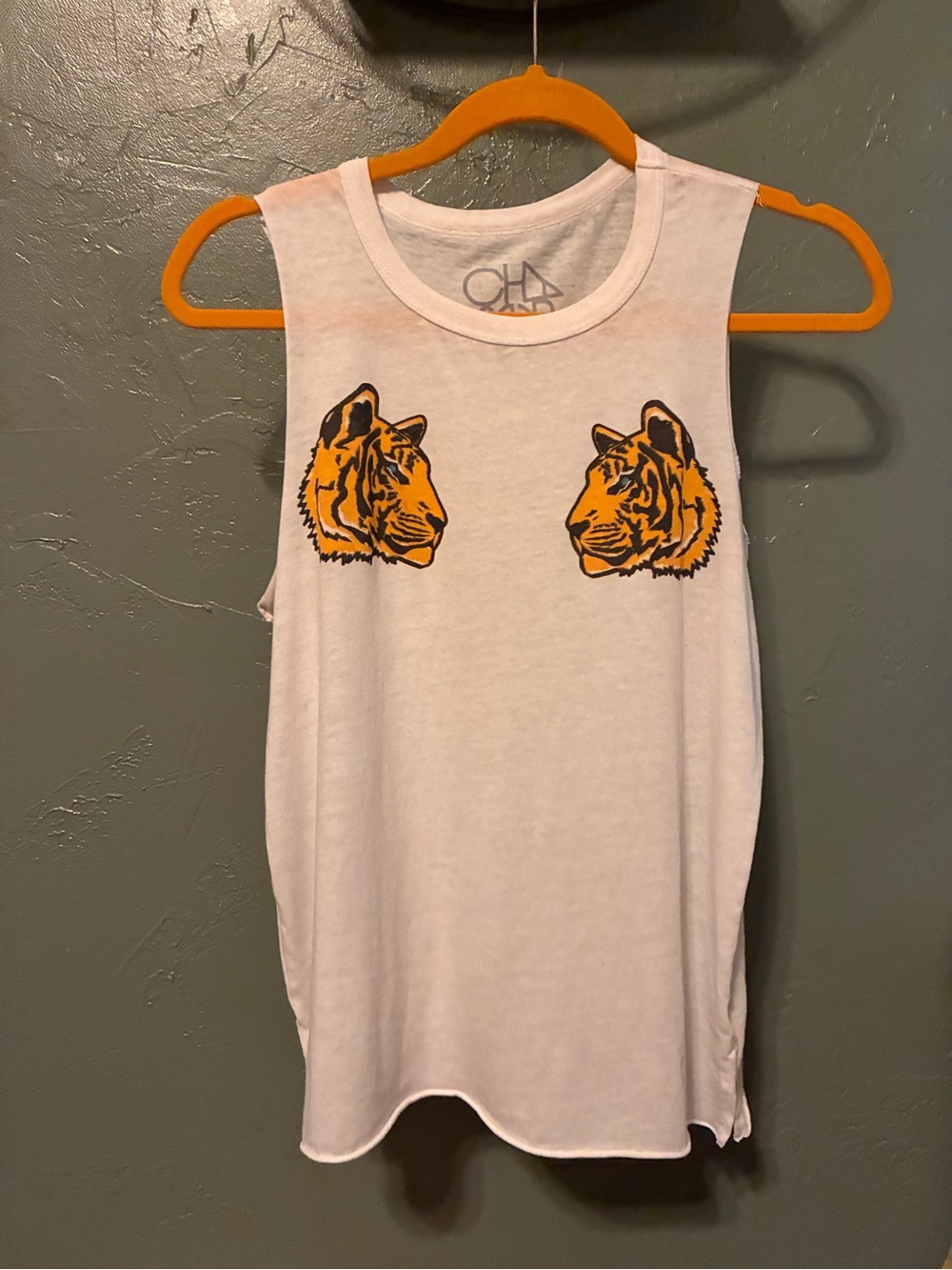 Chaser White Sleeveless Tank with Orange Twin Tiger Head Tank Sml Med Lrg